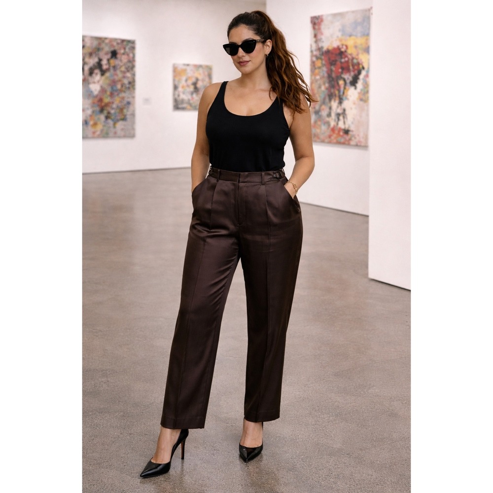Sandro Paris Women Black Satin Pleated Trousers Dress Pants‎ Size 40/ USA 8